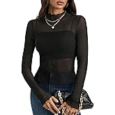SOFIA'S CHOICE Women's Sheer Mesh Top Long Sleeve See Through Shirts Mock Neck Sexy Fitted T Shirt