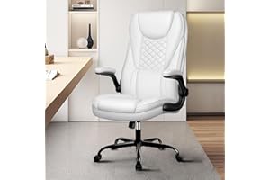 Guessky Office Chair, Big and Tall Office Chair Executive Office Chair Ergonomic Leather Chair with Lumbar Support High Back Home Office Desk Chairs Computer Chair with Adjustable Flip-Up Arms (White)