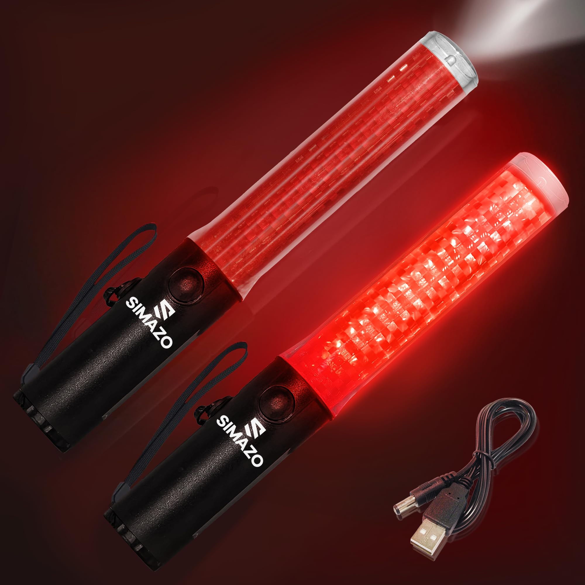 Photo 1 of SIMAZO 2 Pack 10 Inch Rechargeable Traffic Signal Wand, Traffic Control Baton with White LED on Top, Air Marshalling Wand with 3 Flashing Modes for Airport, Car Directing