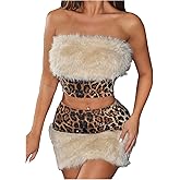 MakeMeChic Women's Two Piece Sets Faux Fur Sequin Leopard Strapless Crop Tops and Bodycon Skirts Y2k Outfit