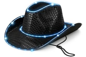 GloFX Black Sequin LED Cowboy Hat – Light-Up Western Party Hat for Festivals, Raves & Events – Blue/Green EL Wire Display – 2