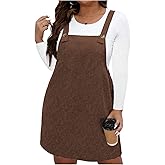 WDIRARA Women's Plus Size Corduroy Sleeveless Short Pinafore Overall Dress with Pocket