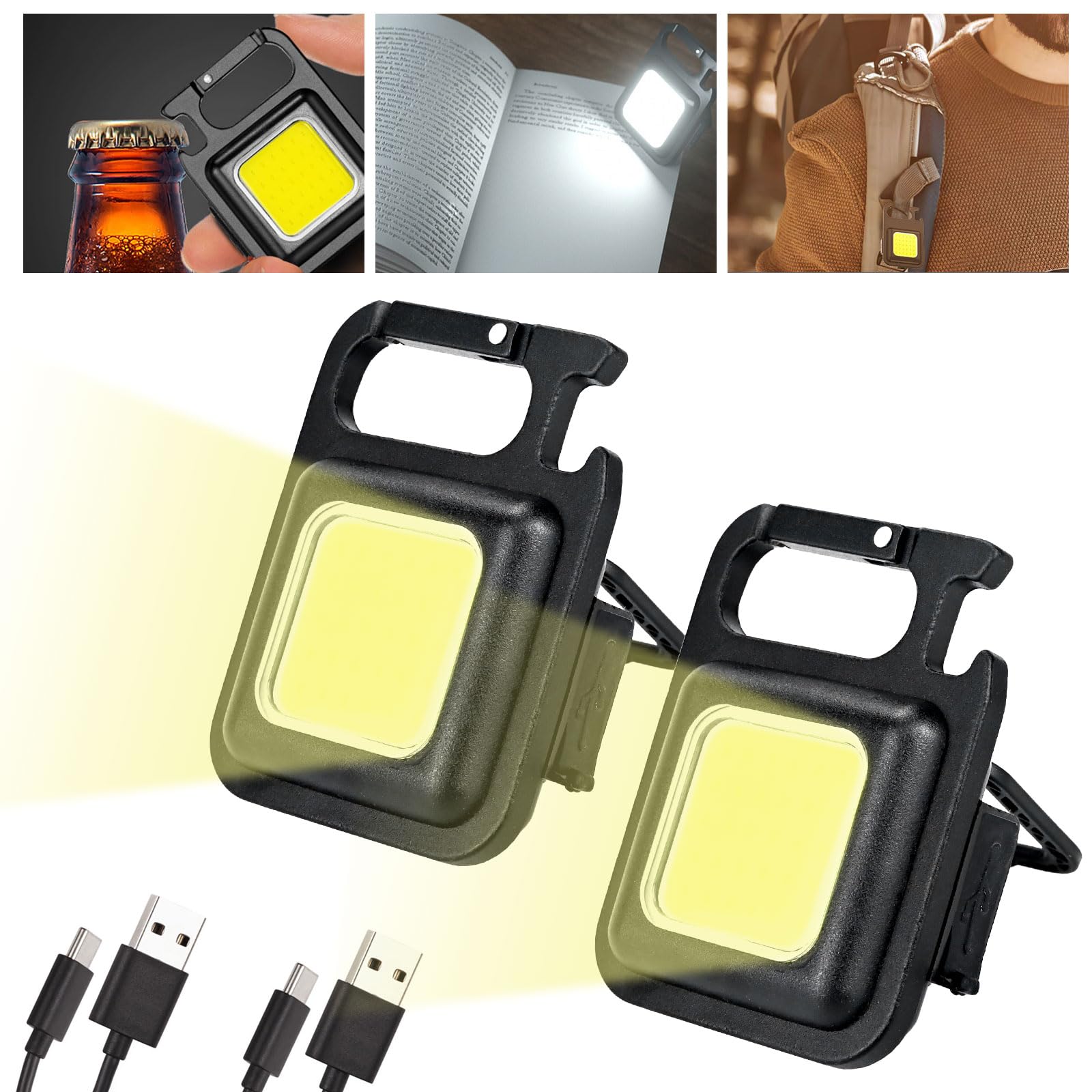 2PCS COB Rechargeable Mini LED Flashlight Torch - 1000 Lumens Keyring Handheld Pocket Light with Magnetic Base and Folding Bracket for Camping and Daily Use - USB Rechargeable and 4 Light Modes