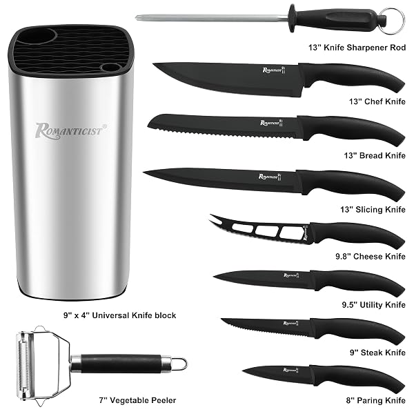 ROMANTICIST KITCHEN KNIFE SETS, 10PCS HIGH CARBON STAINLESS STEEL KNIFE SETS WITH BLOCK, BLACK KNIFE BLOCK SET, KNIVES SET FOR KITCHEN WITH ANTI-SLIP HANDLE, EXQUISITE KNIVES SET NEW HOME ESSENTIALS