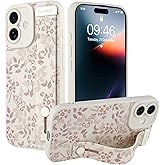 Ufbara Compatible with iPhone 17 Case for Women Men, Cute Flower Floral Pattern, Built in Adjustable Metal Wrist Strap Grip Hand Holder Kickstand Soft Silicone Cover 6.3 Inch, White