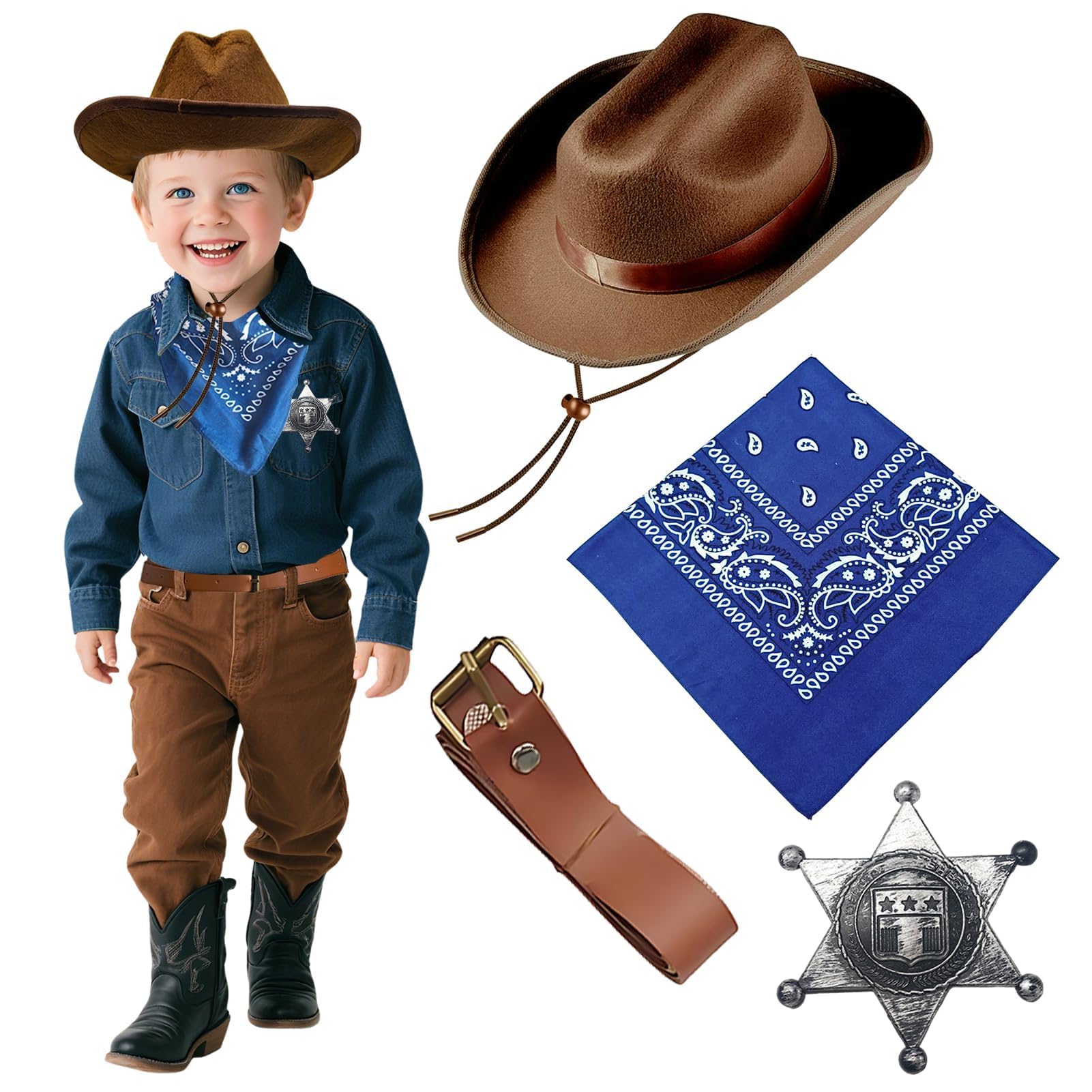Dazzroi 4Pcs Western Cowboy Accessories Set, Farm Costume Fancy Dress Kit with Cowboy Hat, Golden Badge, Blue Bandana, Brown Belt for World Book Day Halloween Party Dress Up Day