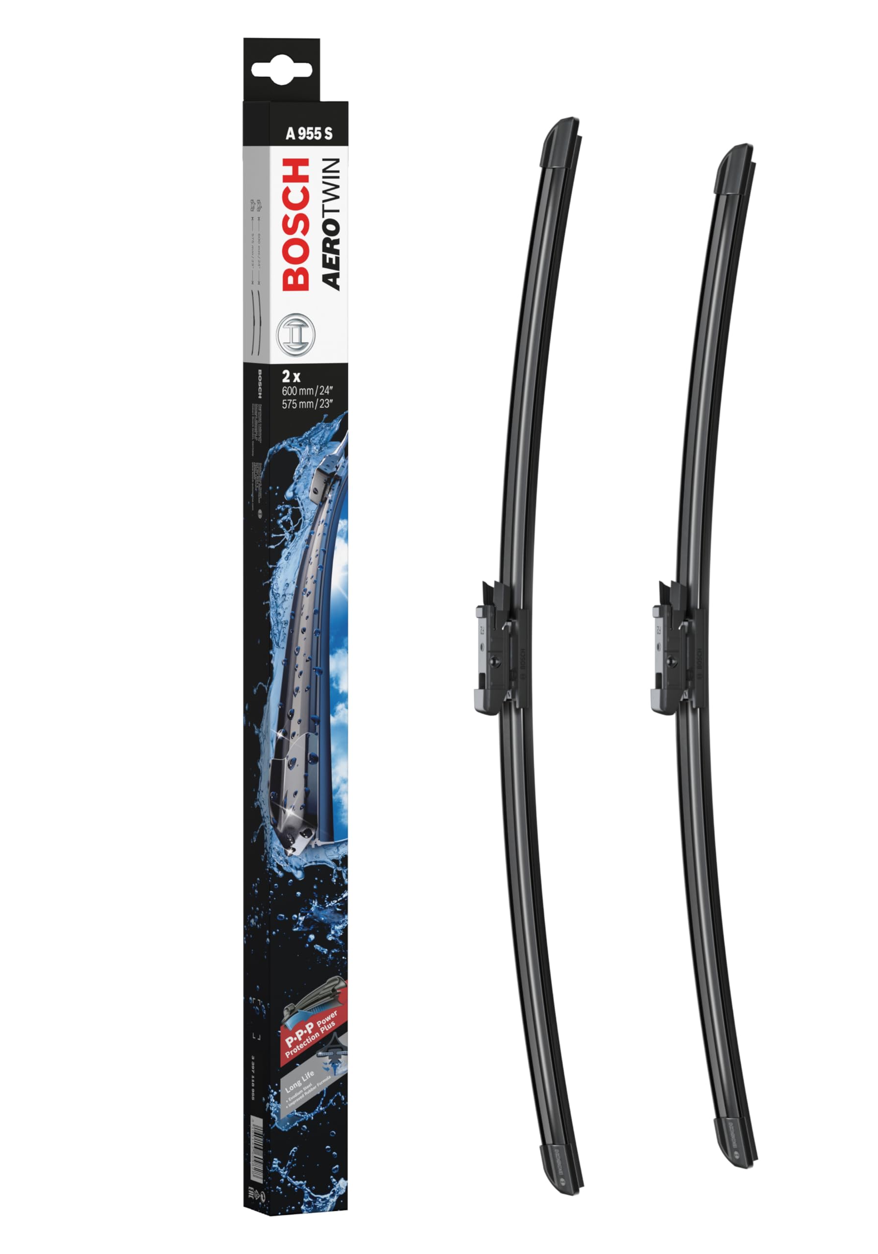 Bosch Aerotwin A 955 S - Front Windscreen Wipers - Set of 2 Replacement Blades - Comes with Pre-assembled Adapter - 2 Blades, 600mm/575mm - Only for left-hand drive (EU)