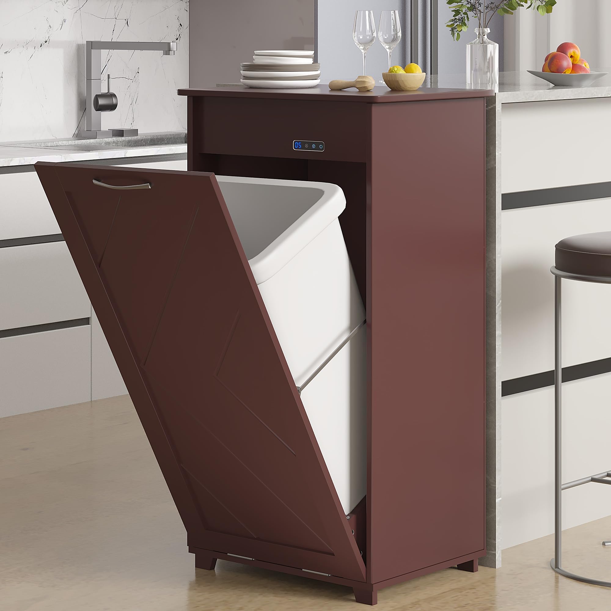 Photo 1 of ***DAMAGE -SELLING AS PARTS ONLIY*** VECELO Tilt Out Kitchen Trash Bin Cabinet, Dog Proof Garbage Can with Wood Holder Free Standing Recycling, Brown