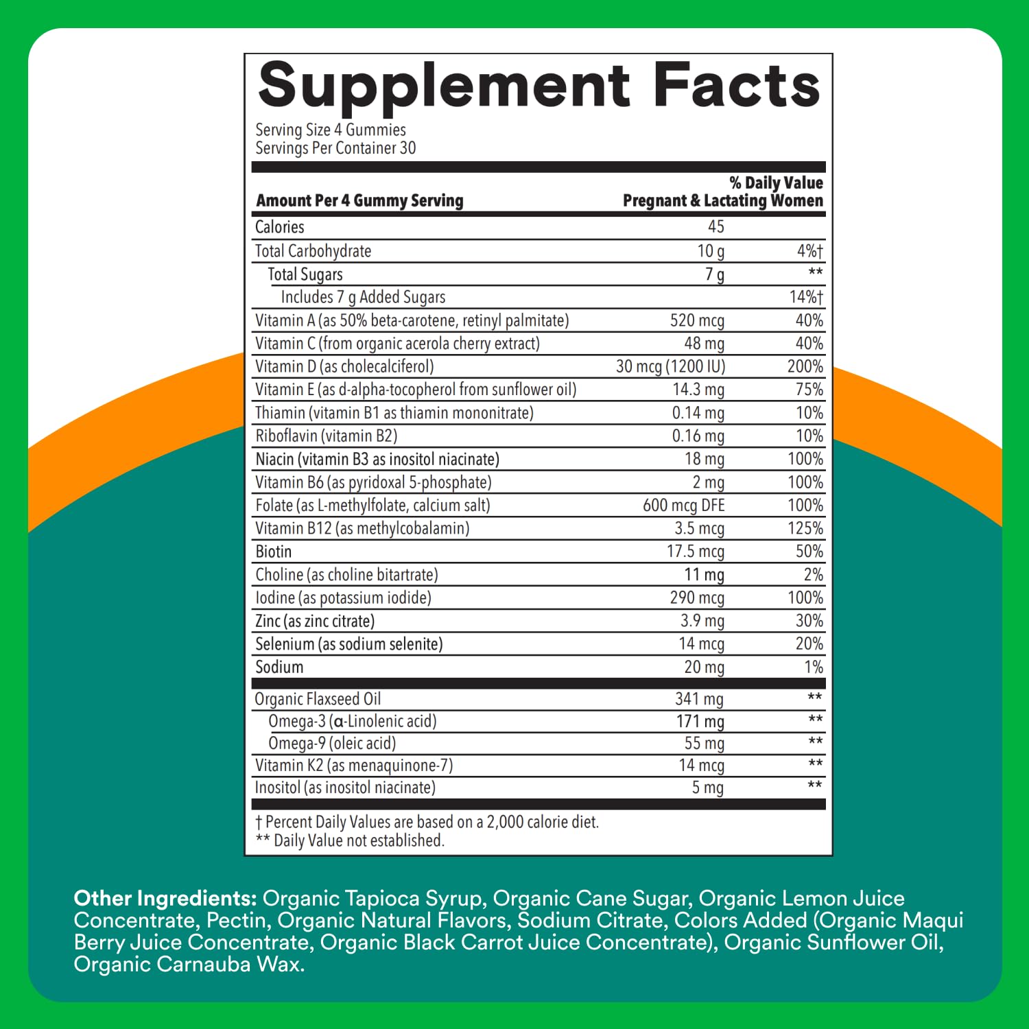 SmartyPants Organic Prenatal Vitamins for Women, Multivitamin Gummies: Biotin, Methylfolate, Omega 3 (ALA), Vitamin D3, C, Vitamin B12, B6, A, K2 & Zinc, Choline, Vegetarian, 120 Count (30 Day Supply)