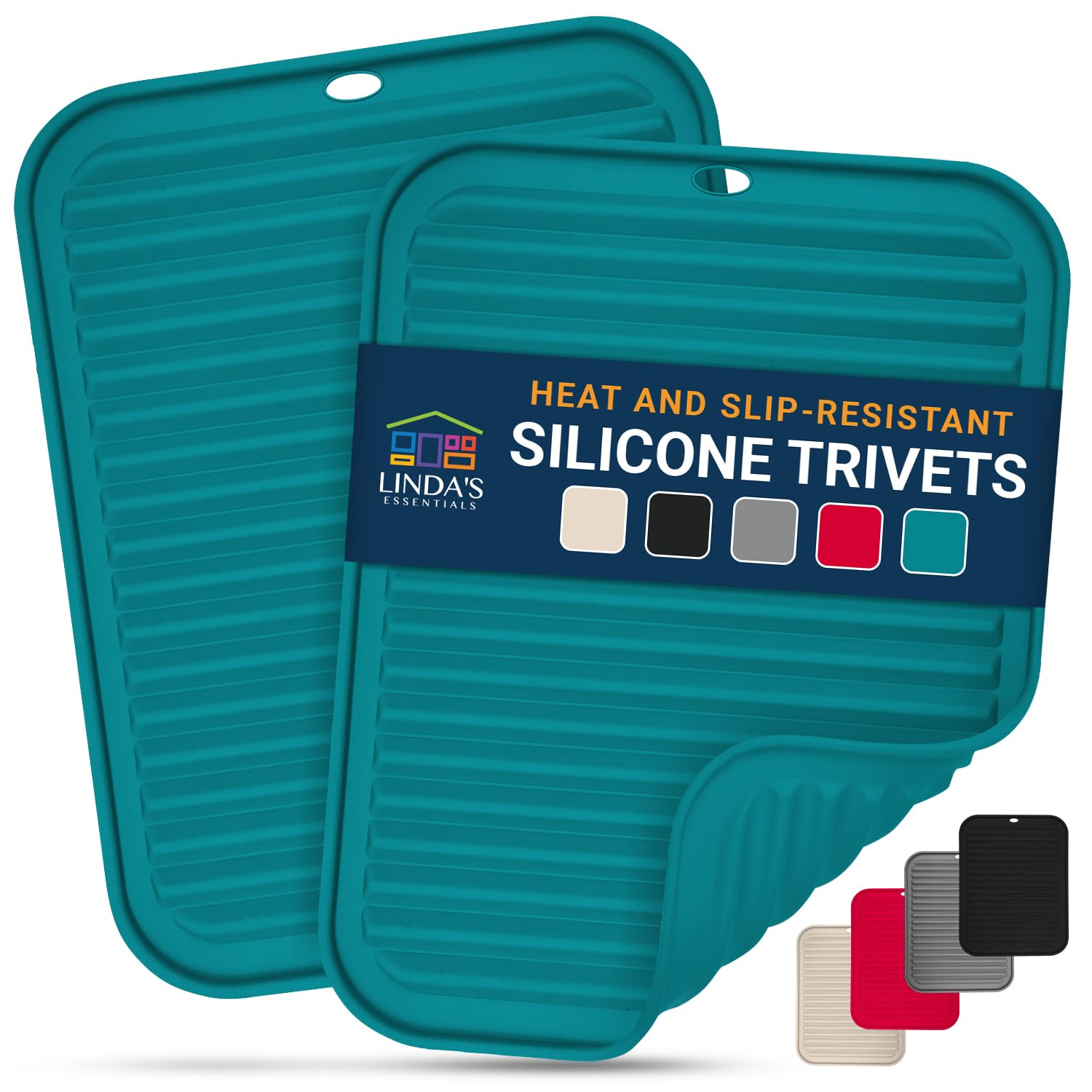 Linda's Essentials Silicone Trivets for Hot Pans and Pots (2 Pack) - Multipurpose Silicone Heat Resistant Mat and Pot Holder Trivet (30 x 23cm) - Heatproof Mats for Kitchen (Teal)