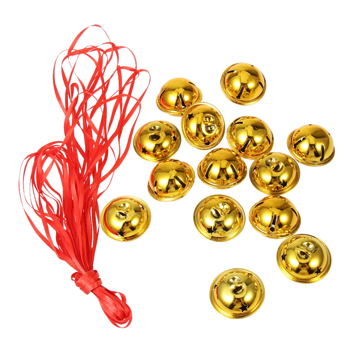 Amosfun 20pcs Mini Christmas Bells Christmas Jingle Bells with Star Cutouts Christmas Tree Decorations Ornaments for Christmas Holiday Craft Decorations with 10m Ribbon 4cm Golden