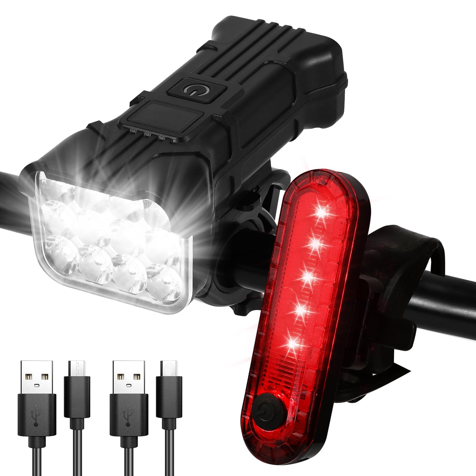 Jasfyee Bike Lights Front and Back, 12 LED 9500 Lumen Bike Lights Set with 5 Adjustable Lights Modes, USB Rechargeable & Waterproof for All Bicycles, Road, Mountain, Night Riding