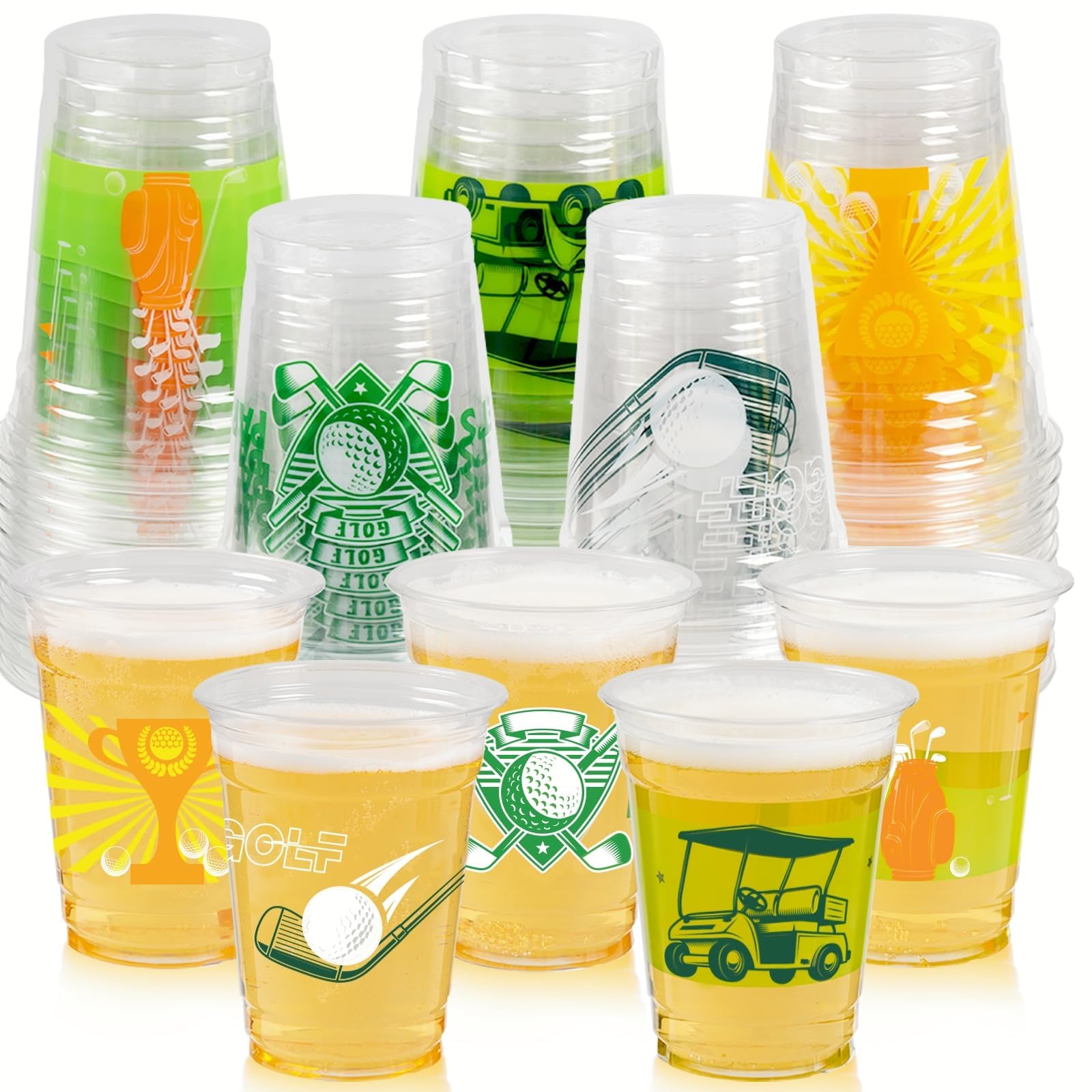 50 Pack Golf Ball Party Cups - 12oz Clear Plastic Drinking Cups, Green Disposable Masters Golf Birthday Bachelor Party Decorations Supplies