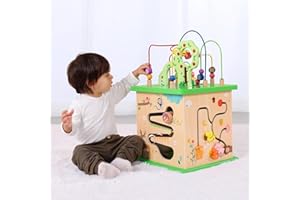TOOKYLAND 5 in 1 Activity Center, Wooden Large Activity Play Cube 23"X13"X13", Wooden Learning Puzzle Toy for Toddlers, with Animal Friends, Shapes, Mazes, Shape Sorter