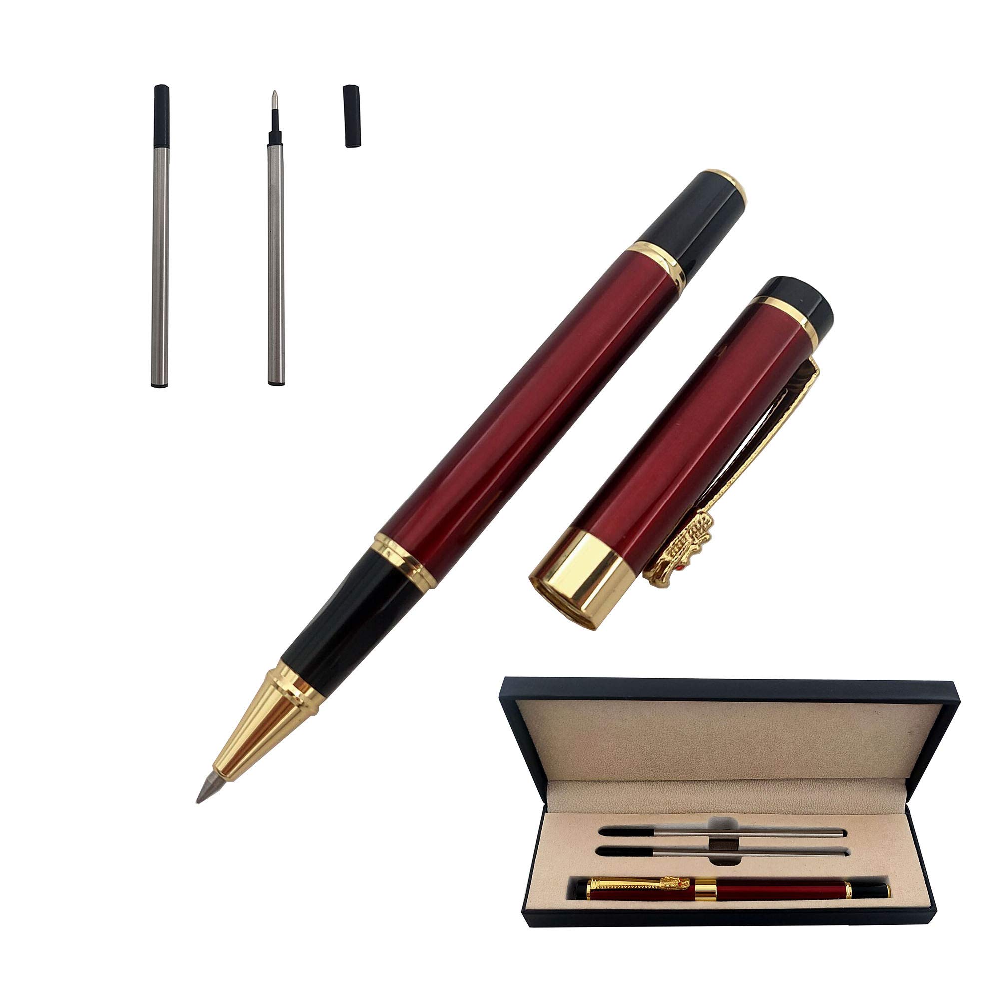 Accod Fine Nib Rollerball Pen High-end Business Signature Pen Metal Pen Clip Black Ink Rollerball Pen with Two 0.5mm Replacement Refills Gift Premium Gift Box (Red)
