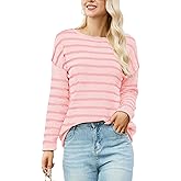 Outfeel Women's Striped Sweater Soft Lightweight Fit Long Sleeve Crew Neck Knit Pullover Cute Casual Fuzzy Tops