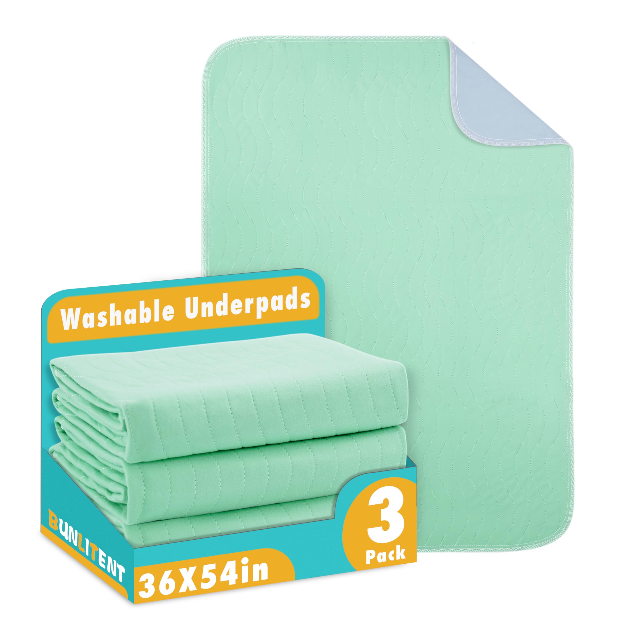 Photo 1 of Bunlitent Washable Underpads, 36" x 54", 3 Pack - Heavy Absorbency Reusable Bedwetting Incontinence Pads for Kids, Adults, Elderly, and Pets - Waterproof Protective Pad for Bed, Couch, Sofa, Floor