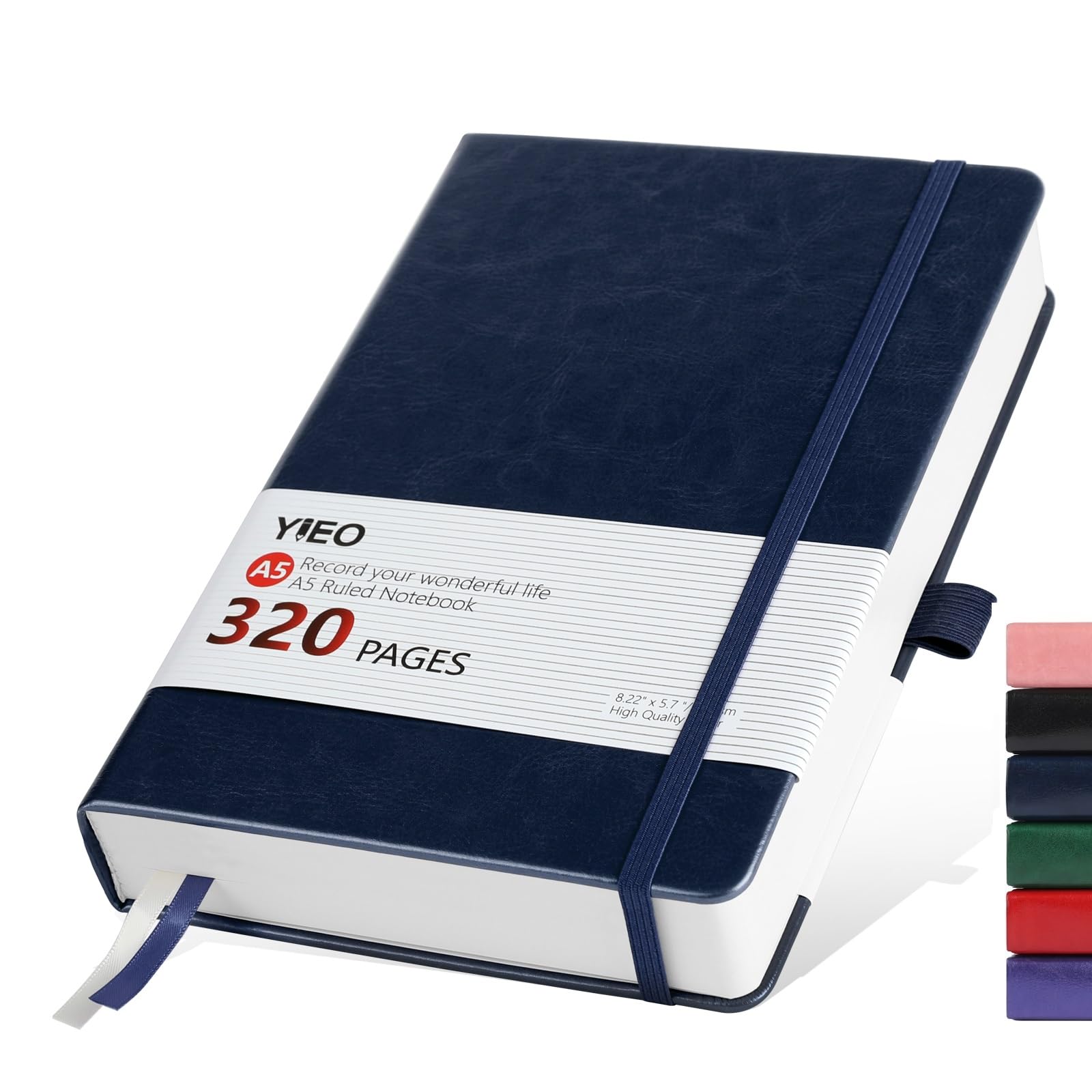 Notebook A5, Hardback A5 Notebook Thick Journal Notebook 320 Pages 100GSM A5 Lined Note Book Hardcover Notepad with Inner Pocket, Pen Loop, Elastic Closure and 2 Ribbon Page Marker,14.5 x 21cm-Blue