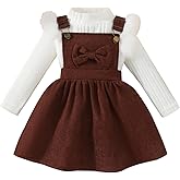 Megeoly Toddler Baby Girl Outfits Long Sleeve Ribbed T-Shirt Bow Overall Dresses Suspender Skirt Set Fall Winter Clothes
