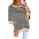 Poetsky Womens Oversized Tops Casual Short Sleeve Striped Shirts Summer Crewneck Pullover Sweatshirt Loose Blouses
