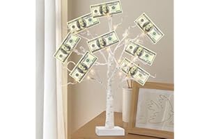PEIDUO Money Tree, 22 Inch Gift Card Tree Holder with 6 Clips and 6 Greeting Cards, 24 Warm White Birch Tree with Lights, Christmas Tree Card Holder for Birthday Wedding Indoor Xmas Decorations