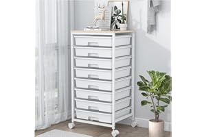 SYKIARIOL Rolling Storage Cart with Drawers,Utility Cart With 8 Drawers and Wooden Tabletop,Rolling Drawer Cart,Storage Drawer Cart for Living Room,Classroom,Bedroom,Bathroom,Dorm,Office,Bright White