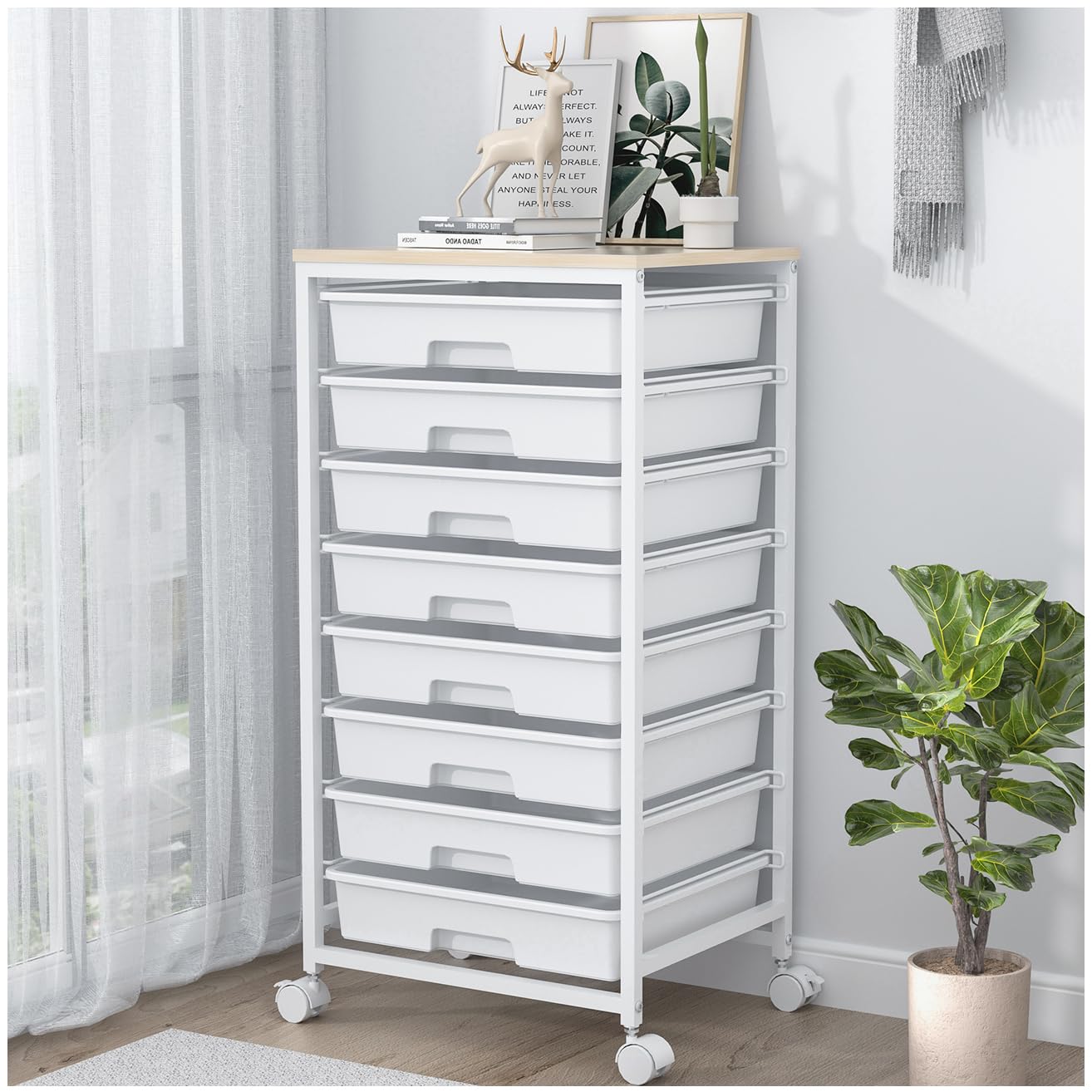 Photo 1 of SYKIARIOL Rolling Storage Cart with Drawers,Utility Cart With 8 Drawers and Wooden Tabletop,Rolling Drawer Cart,Storage Drawer Cart for Living Room,Classroom,Bedroom,Bathroom,Dorm,Office,Bright White