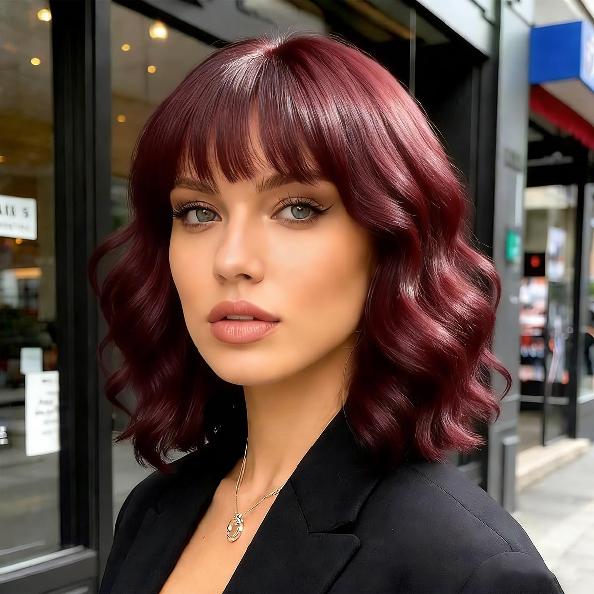 Yamel Wavy Bob Wig with Bangs Natural Wine Red Wig Synthetic Hair Shoulder Length Short Curly Wigs for Women