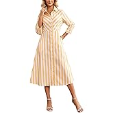 YEXPINE Women's Striped Button Down Maxi Dress Casual 3/4 Sleeve Long Swing Beach Vacation Shirt Dress