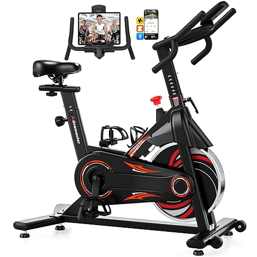 Advamsoler Exercise Bike, Spin Bike Exercise Bikes for Home Use, Indoor Cycling Bike with Curved Handlebar, Stationary Bike with LCD Display & App Connection, Comfortable Seat, 350LBS Capacity