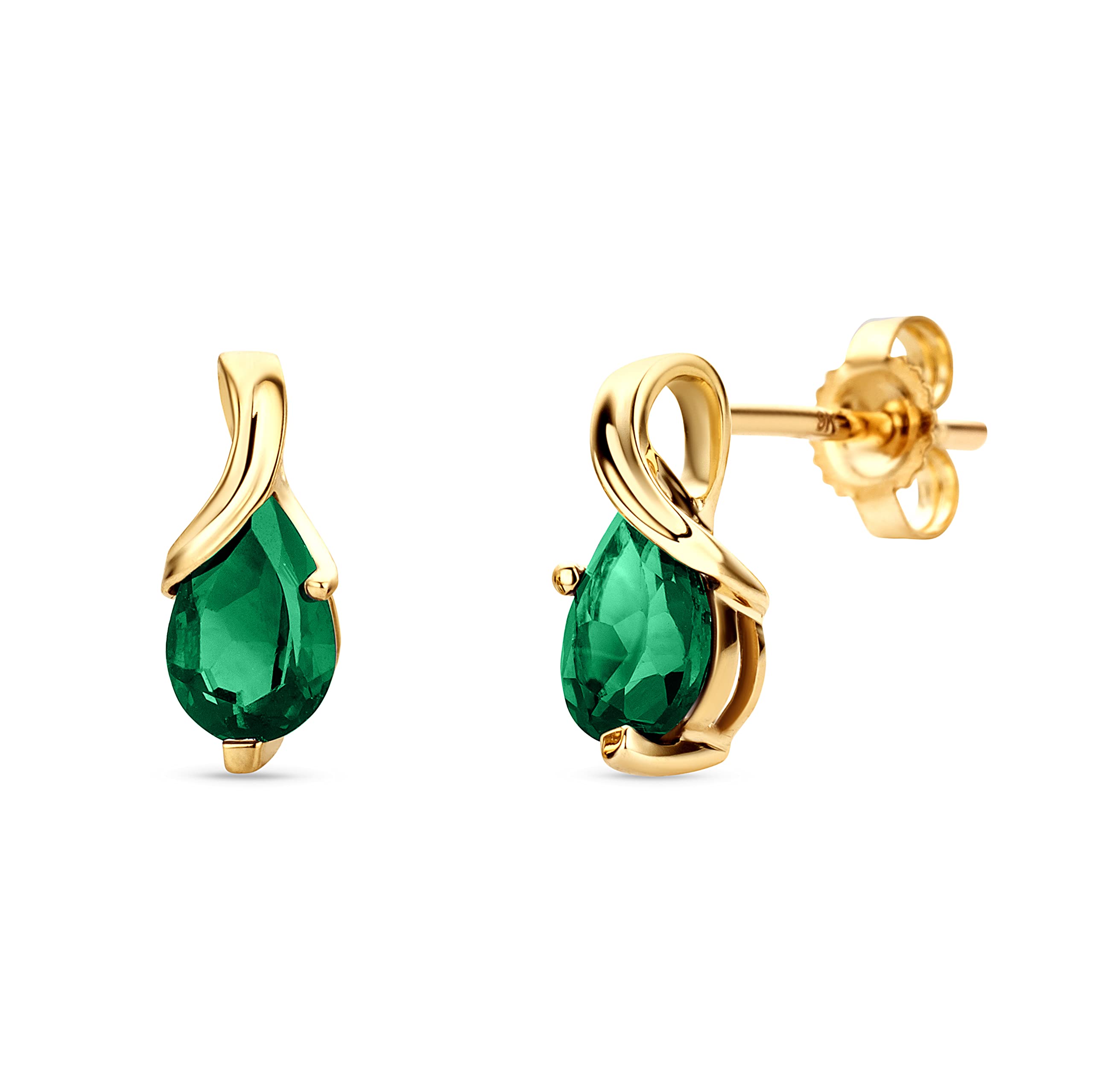 Orovi Pear-Shaped Yellow Gold Earrings for Women with Emeralds in 9 Carat Gold, Hypoallergenic Earrings - Handmade, including jewellery box