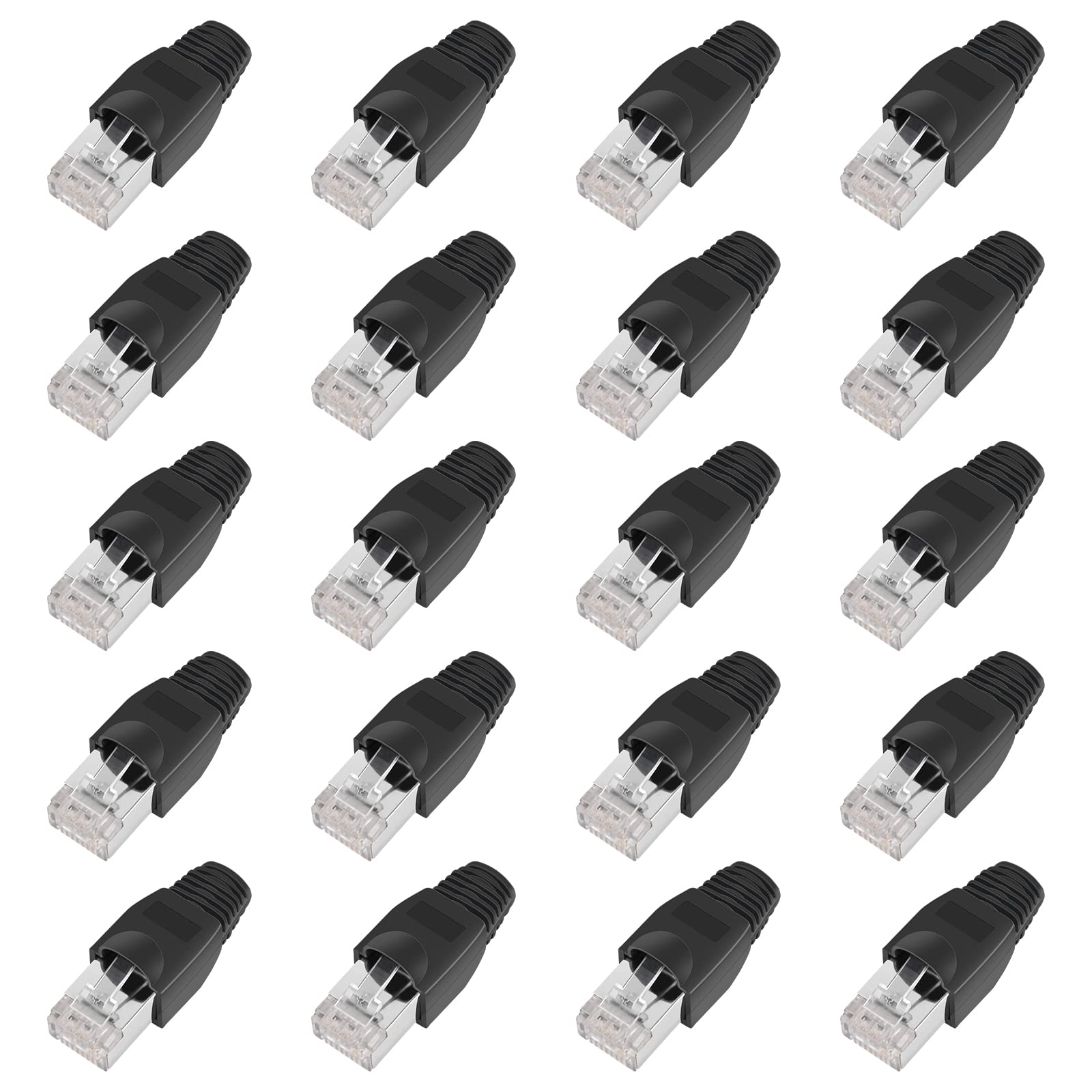 ShipeeKin 20x Shielded Modular Plugs RJ45 Network Ethernet Cat5e Cat5 Cat 5e CAT6 Cat6e 8P8C UTP STP 50U Gold Plated LAN Cable Plug Crimp Ends Connectors with Black Protective Boots Covers