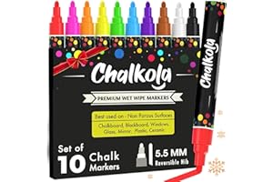Chalkola Chalk Markers for Blackboard, Chalkboard, Window, Bistro, Car Glass, Board, Wall Calendar (10 Pack, 6mm Reversible Tip) - Wet Wipe Erasable Liquid Chalk Pens | Chalkboard Markers Erasable