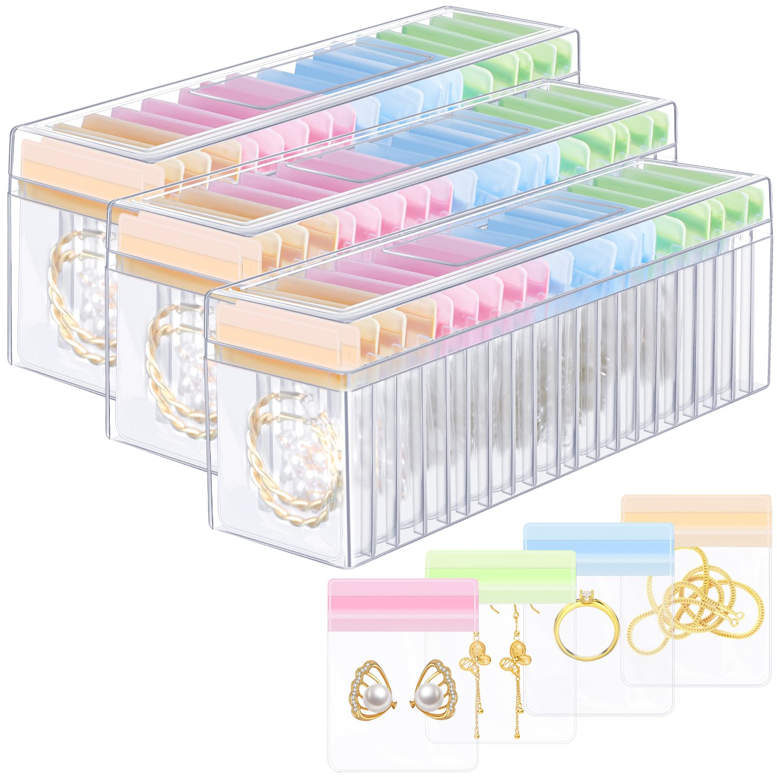 Photo 1 of Kenning 63 Pcs Acrylic Jewelry Case Organizer, Clear Jewelry Organizers Holder with Portable Anti Tarnish Storage Bags for Rings, Earrings, Necklaces, Ideal Gifts for Women (Four Color Mixture)