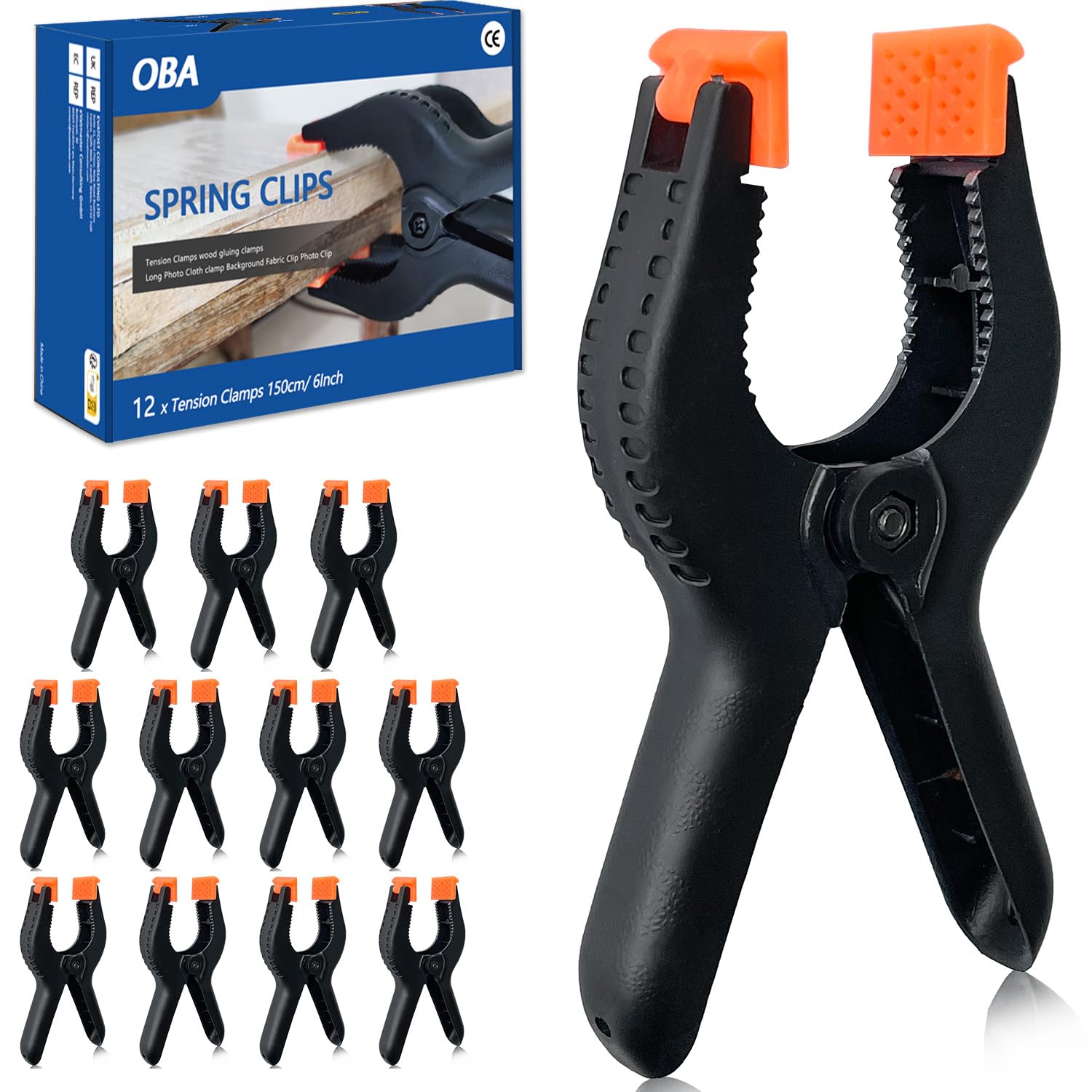 OBA 12 Pcs Spring Clamps Clips 158mm/ 6Inch, High Clamping Force Spring Clamps, Tension Clamps Wood Gluing Clamps Long Photo Cloth clamp Background Fabric Clip Photo Clip