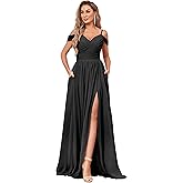 BOLENSYE Off The Shoulder Bridesmaid Dresses with Pockets Ruched Chiffon Long Slit Formal Evening Gown