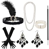 6 Pcs 1920s Flapper Accessories for Women, Women Great Gatsby Accessories with Headband Beaded Necklaces Earrings Gloves Handheld Prop for Vintage Wedding Costume Black