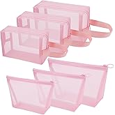 Fassave 6 Pieces Zipper Mesh Makeup Bags Set, Nylon Cosmetic Bags Portable Clear Toiletry Bas Travel Organizer Bags for Office Travelling Organization (Pink, Assorted Size)