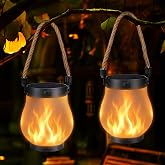 iBaycon 2 Pack Gen2 Solar Lantern Lights USB Ultra-Real Flame, Warm White | Solar Garden Lights with Solar &amp; USB-C Dual Charging, 2 Modes Outdoor Waterproof Hanging Lantern for Patio Yard Home