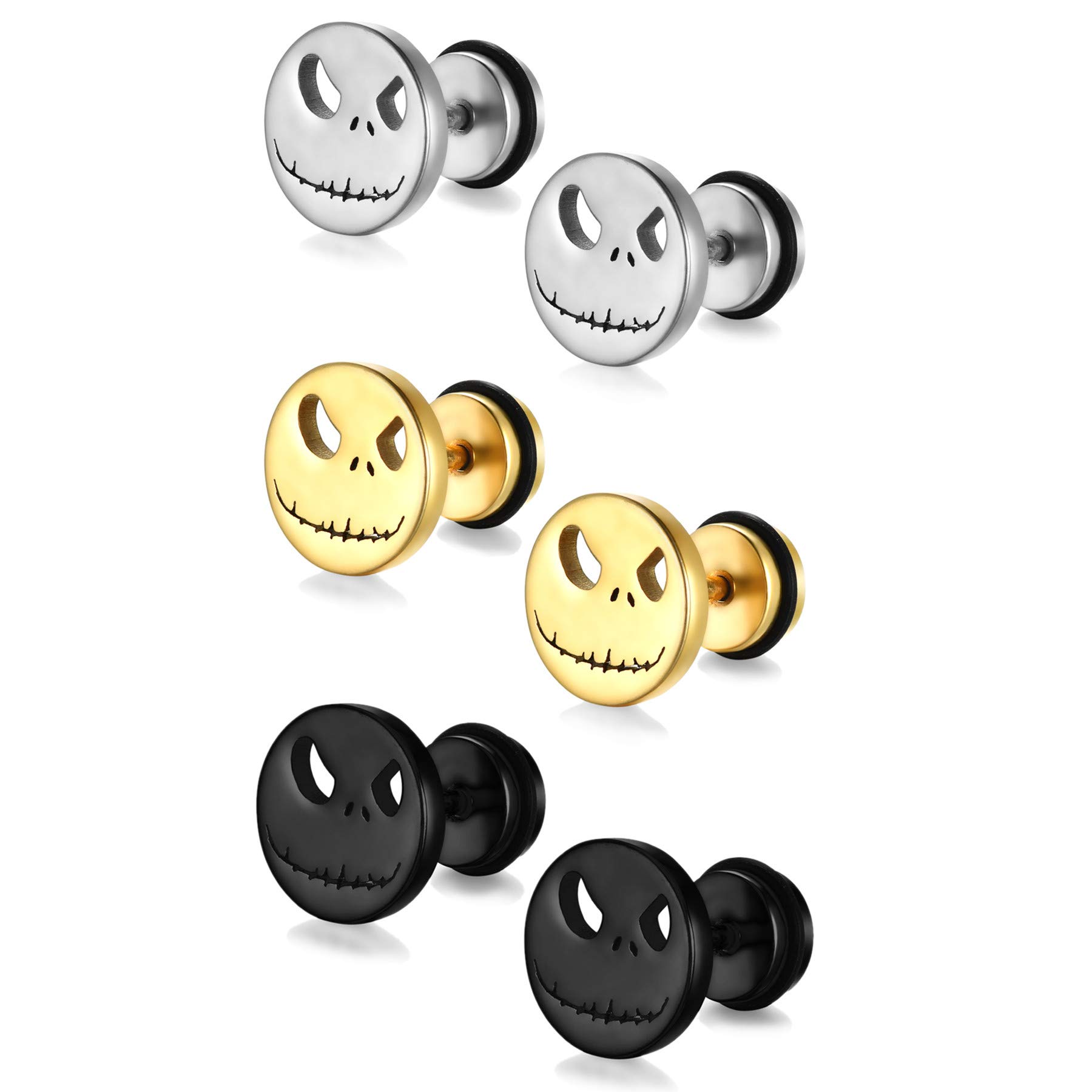 JewelryWe 3 Pairs Hip Hop Style Grimace Earrings Set Stainless Steel Barbell Screw Back Stud Earrings for Men Women