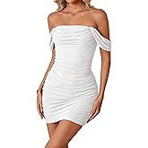 LovelyWholesale Off The Shoulder Mini Dress Sexy Mesh Bodycon Ruched Dresses Cocktail Party Club