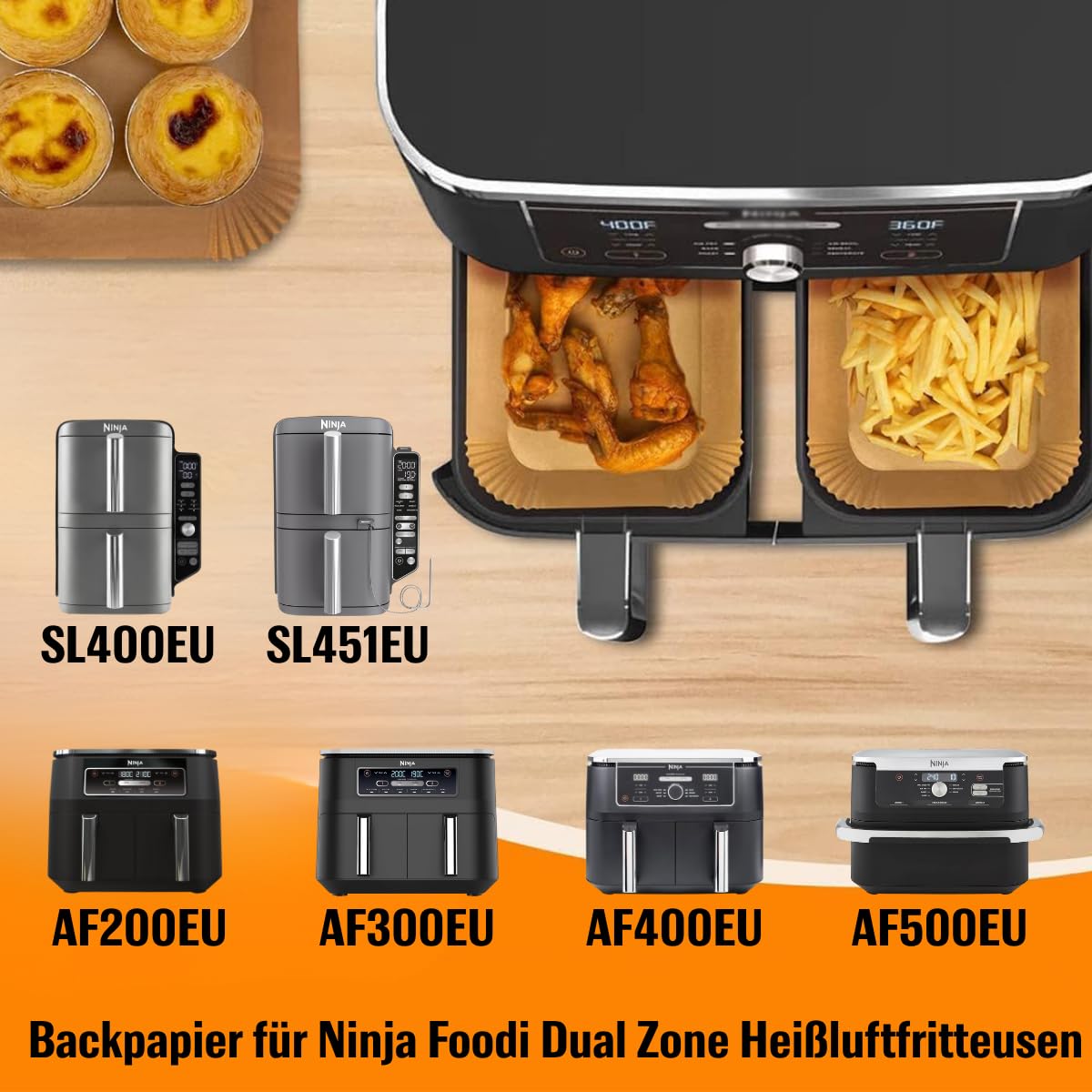 100 Stück Backpapier für Ninja Foodi MAX Dual Zone Heißluftfritteuse [AF300EU] [AF400EU] [AF500EU] 20 x 14 cm Antihaft Wasserdicht Ölfest Spritzschutz Air fryer Zubehör für Doppelkammer Luftfritteuse 3