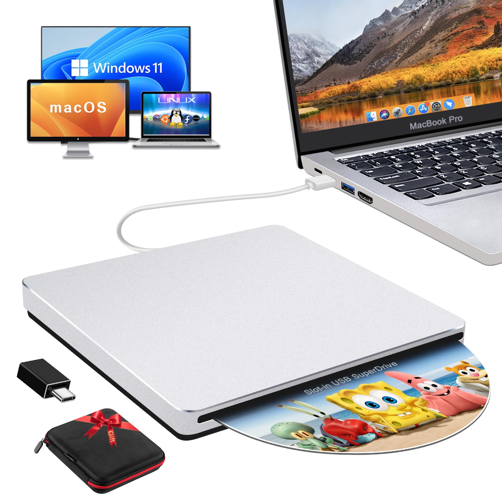 SOMDARHK External CD Drive for Macbook: Portable USB DVD Burner Reader Player SuperDrive for Laptop Mac Windows Apple PC with Free USB C Adapter & Carrying Case Aluminum Alloy