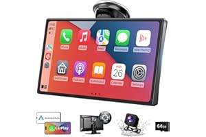 9 Inch Wireless Portable Carplay Screen for Car, Android Auto Car Stereo With 4K Dash Cam, 1080P Rear Cam, 64GB Card, MirrorL