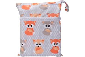 Sigzagor Medium Wet Dry Bag Baby Cloth Diaper Nappy Insert Bag Reusable Washable with Two Zippered Pockets (Baby Fox)
