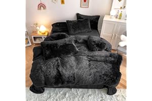 chovy Faux Fur Plush Black Comforter Cover Duvet Cover Queen - 3PC Bed Set Ultra Soft Shaggy Flannel Velvet Fluffy Fuzzy Bedding（Duvet Cover x 1 Pillowcases x 2）