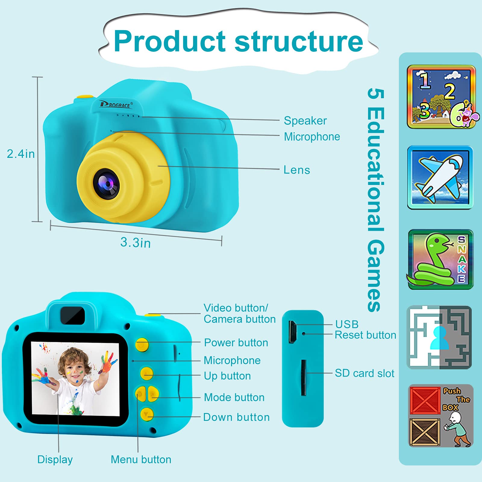 PROGRACE Kids Camera Boys Toy - Camera for Kids Boys Birthday Gifts 3 4 5 6 7 8 9 Year Old Children Toy Toddler Video Digital Camcorder IPS 2 Inch(No sd Card)