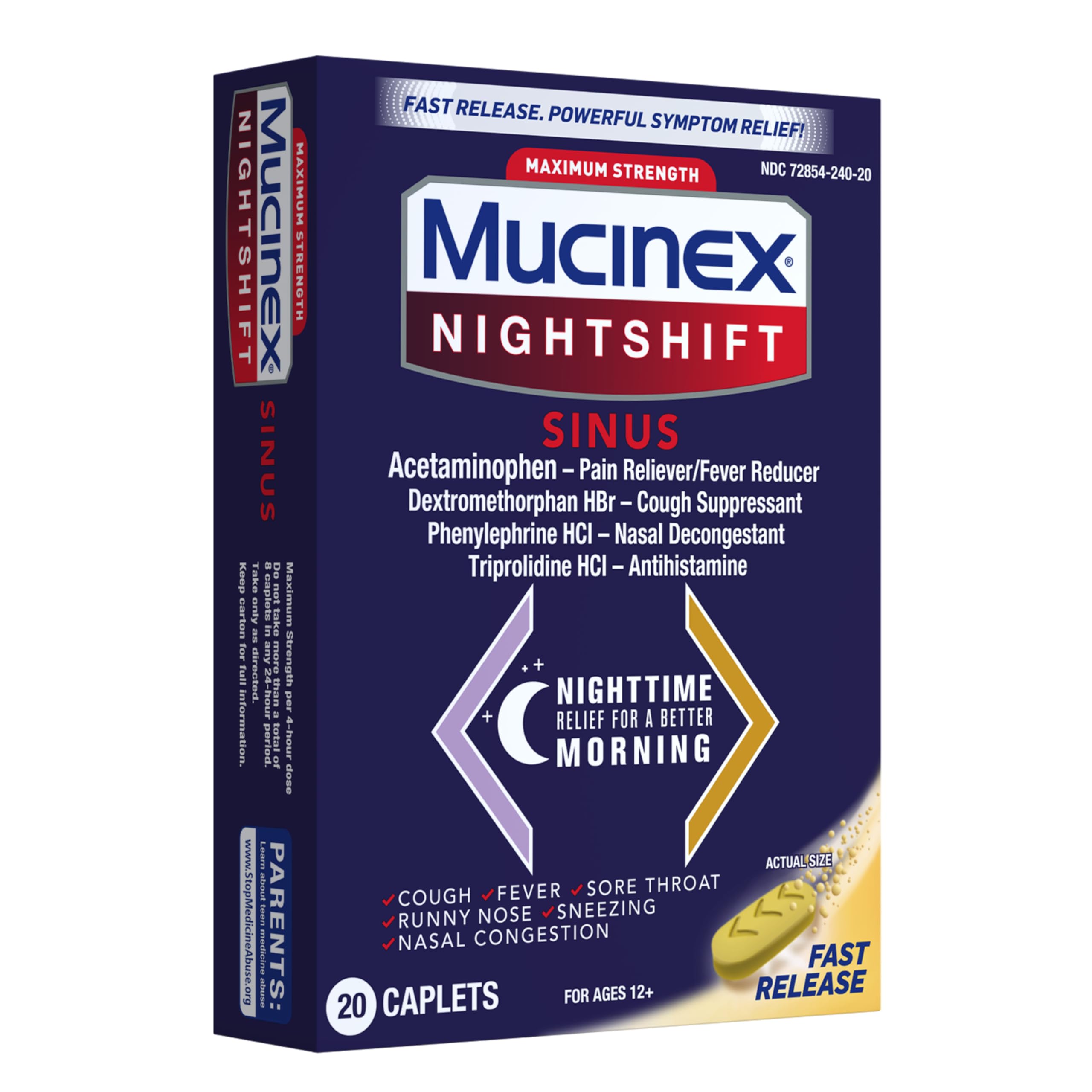 Mucinex Nightshift Sinus, Maximum Strength Powerful MultiSymptom Night Relief, 20 Fast Release Caplets Pain Reliever/Fever Reducer, Cough Suppressant, Nasal Decongestant & Antihistamine