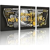 MAMAGO 3 Pieces Black Gold Dollar Canvas Wall Art Inspirational Quotes MONEY NEVER SLEEPS Poster Abstract Money Artwork Modern Living Room Office Wall Decor Framed Easy to Hang-12”x16”x3pcs