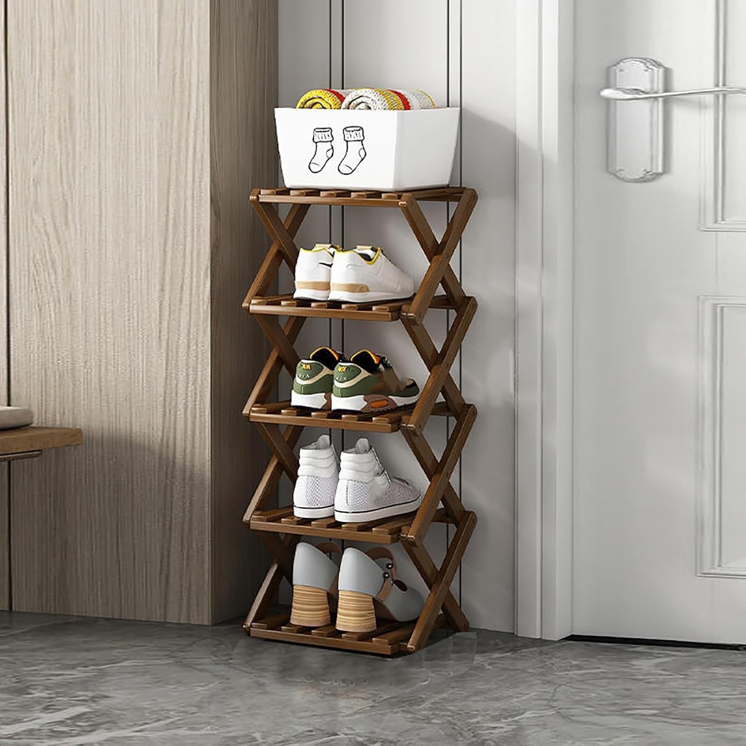 Photo 1 of XZXWZX Shoe Rack, Bamboo Foldable Shoes Organizer Free Standing Shelf for Entryway, Closet, Bedroom, Hallway, | Natural | Functional | Multifunctional Shoe Rack (Wood Color) 5 Layers